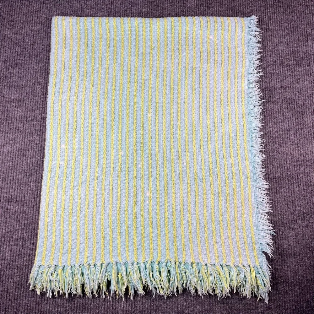 Vtg Blanket Blue Yellow Fringe Tassels Unisex Cotton‎ Cable Knit Throw